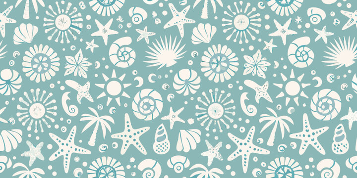 Seashells And Starfish Pattern On Teal Background
