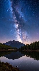 Fototapeta premium Stunning Milky Way Galaxy Reflecting Over Calm Lake and Mountain Landscape at Night
