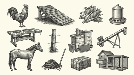 Vintage hand drawn engraving style vector illustration of farm animals and agricultural elements including cow sheep horse tractor and barn house. © bow