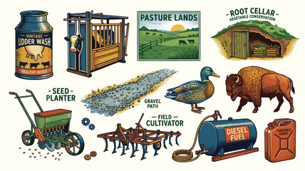 Vintage hand drawn engraving style vector illustration of farm animals and agricultural elements including cow sheep horse tractor and barn house. © bow