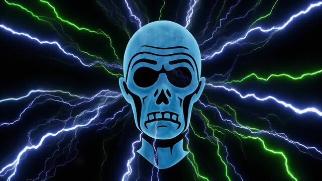 Abstract Glowing Blue Skull with Green Electrical Sparks and High Voltage Lightning Arcs, Full HD Motion Graphics Background