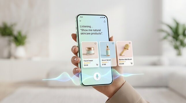 Voice assistant shopping on smartphone with natural skincare products
