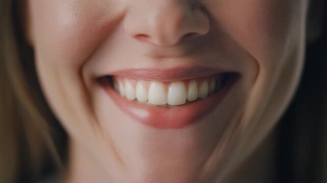 Cinematic Close-up of a Beautiful Caucasian Woman Smiling Gently, Showcasing Healthy White Teeth and Lips, High Quality 1080p Full HD Video