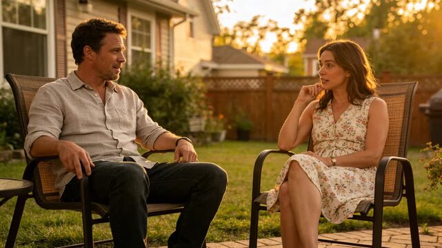 Speaking woman in floral dress, man in rolled-sleeve shirt leaning listening on patio by firepit