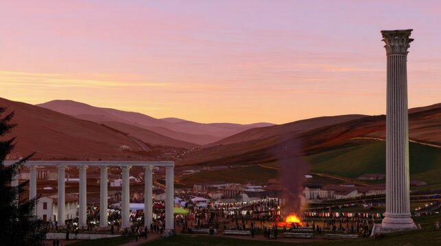 garrison. Ancient Roman military camp at dusk with soldiers by campfires. event programs, museum guides, designed for cultural heritage projects and event programs, preserves heritage.