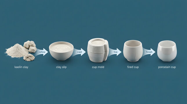From kaolin clay to porcelain cup workflow process