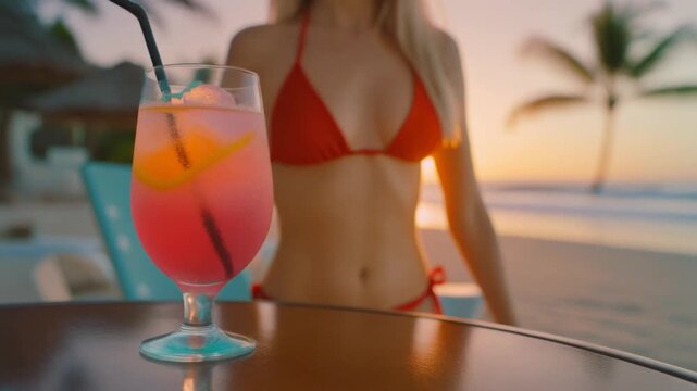 Cinematic Close-up of a Vibrant Tropical Cocktail on a Beach Lounge Table at Golden Sunset, Relaxing Vacation Theme Full HD Slow Motion Video