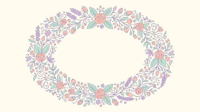 Graceful oval floral wreath illustration adorned with delicate pastel flowers and leaves, perfect for spring wedding invitations, baby showers, and charming event stationery