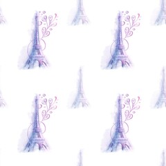 Fototapeta premium Artistic seamless Paris pattern with watercolor Eiffel Tower, flowers and elegant decorative details. Romantic French wallpaper style