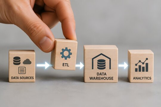Data process flow with cubes showing data sources, ETL, data warehouse and analytics for the concept of big data and business intelligence.