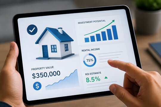 A tablet showing real estate investment data, including property value, rental income, and investment potential, for the concept of financial planning and property investment.