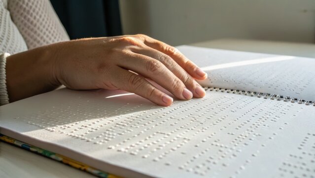 A person reads a Braille book, using tactile fingers to interpret raised dots on the page in a well-lit environment.