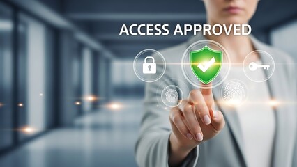 Fototapeta premium Access Approved with a business person touching a digital security shield for the concept of cybersecurity and data protection.
