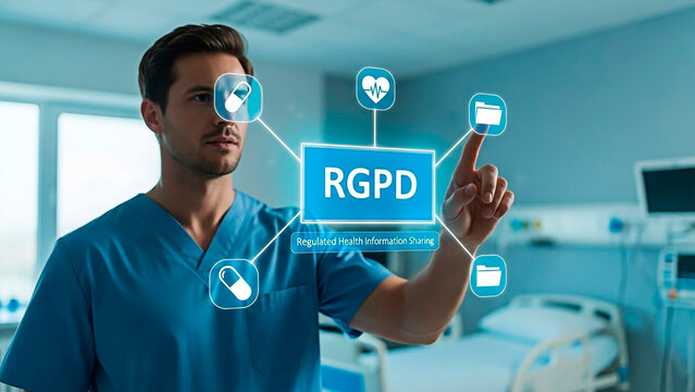 A doctor interacting with a digital interface displaying health icons and the text RGPD for the concept of healthcare technology and data privacy.