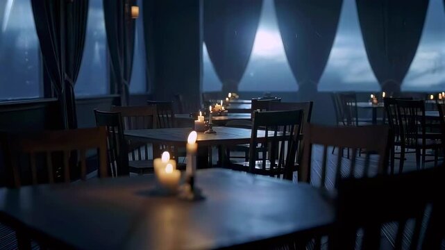 moving forward through empty restaurant wide shot, candlelit tables arranged in dark dining hall with curtains and soft lighting, calm evening atmosphere for hospitality and dining experience setting