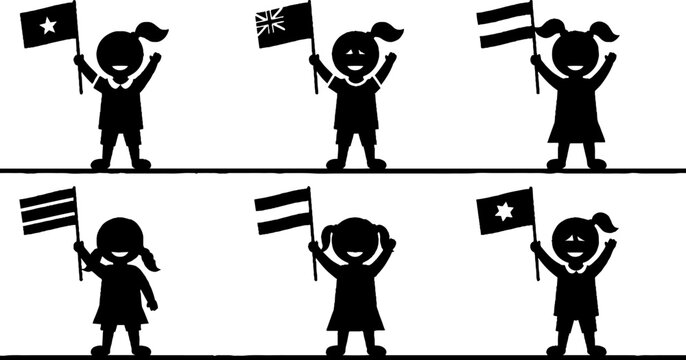 Silhouette Children Holding Various National Flags Together.