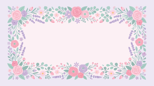 Delicate floral border with pastel roses, lavender, and greenery, perfect for invitations and cards