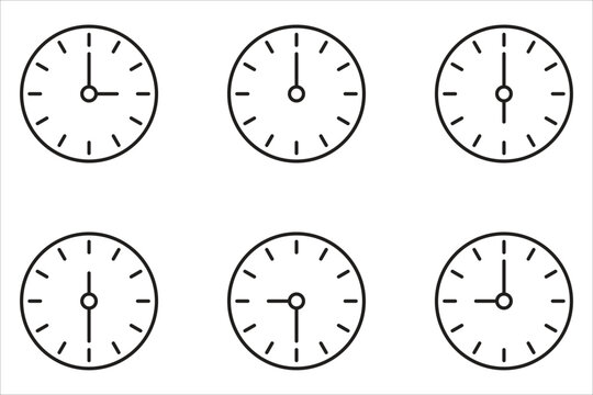 Time icon set. Round clock with various times, simple vector icon. White background.