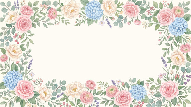 Elegant watercolor floral frame featuring soft pastel roses, blue hydrangeas, and green leaves, perfect as a decorative border for invitations, cards, or springtime designs