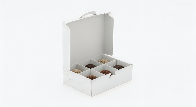 Open cardboard box with six muffin tins