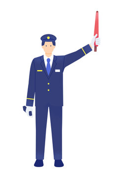 赤旗を掲げてホームの安全確認をする男性駅員の全身イラスト素材