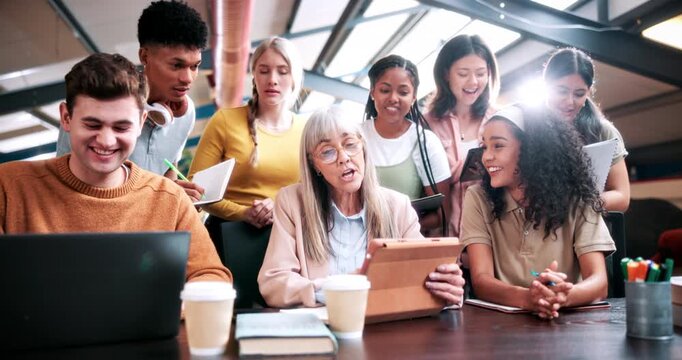 Teaching, students or professor with tech on campus, course help or explain project for knowledge. College education, teacher or happy people with tablet for assignment advice, writing notes or flare