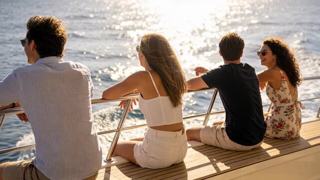Laughing, four friends gesturing as breeze rising on aft deck rail, sharing fun moment with shades