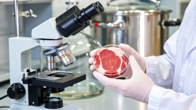 scientist holding a petri dish with laboratory cultured meat steak next to microscope