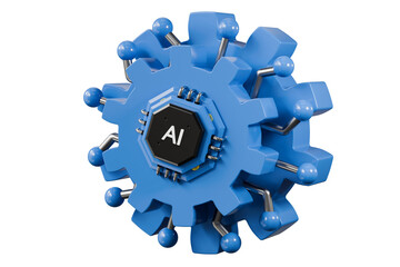 3d AI chip gear icon. artificial intelligence automation concept. minimal cartoon circuit nodes gear for tech marketing. isolated on white transparent background. 3d render. © Theeraphat