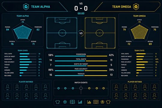 Digital football match statistics dashboard displaying team alpha and team omega performance metrics with radar charts and live game data