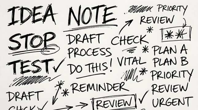 Handwritten black ink notes on a bright white textured paper