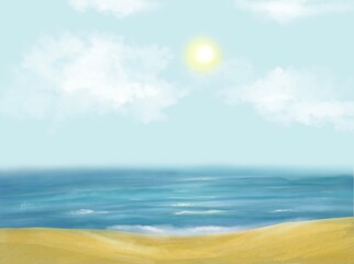 Sunny Beach Seascape with Ocean Waves and Golden Sand Digital Painting. Beach landscape with golden sand, calm ocean waves and bright sunshineperfect for summer themes, travel designs. © Chris