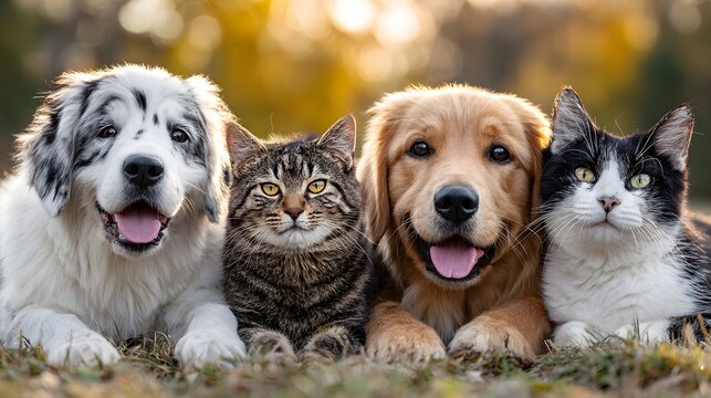 Group of Happy Dogs and Cats Relaxing Outdoors in Autumn