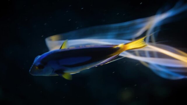 Gliding blue tang generating luminous ribbon wake from tail flicks propelling in dark tank