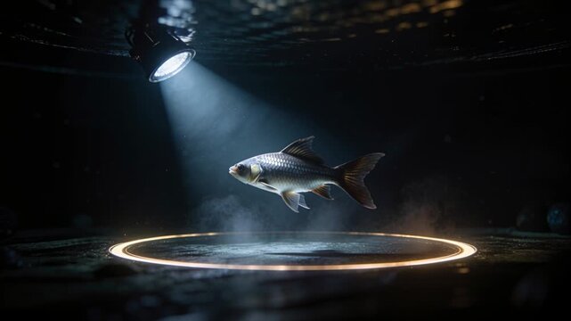Hovering carp-like fish responding to pulsing ring mist, flicking fins in dark tank under spotlight