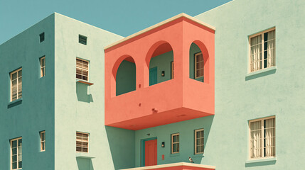 Obraz premium Low-angle architectural photograph focusing on a cantilevered coral pink arched balcony against a pale mint green building facade with symmetrical windows.