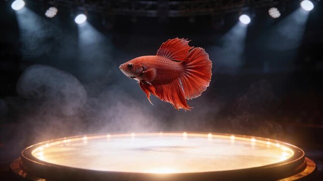 Responding as ring brightening, single red Betta flaring, hovering on dark stage with beams and fog