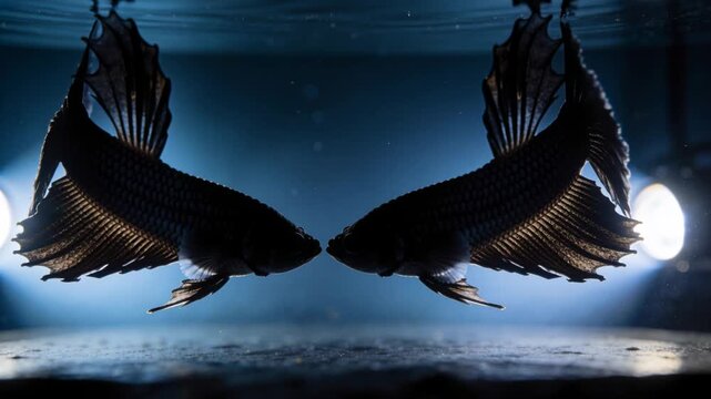 Backlight revealing two Betta fish tilting down, flaring fins and facing in aquarium, displaying