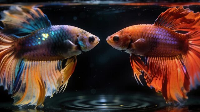 Displaying fins, two male betta fish closing gap in glass tank, triggered by concentric ripple