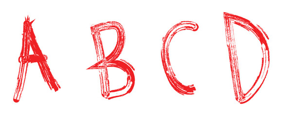 Red hand drawn alphabet letters A B C D on transparent background. © RITA