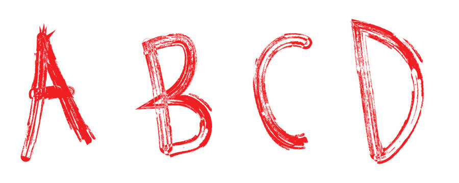 Red hand drawn alphabet letters A B C D on transparent background.