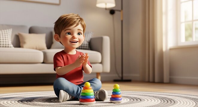 Happy young boy playing with colorful stacking rings on the floor in a cozy living room with natural light streaming through the window