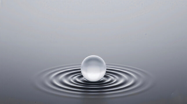 Translucent white sphere with impact shockwaves and force ripples on a minimal grey background with copy space