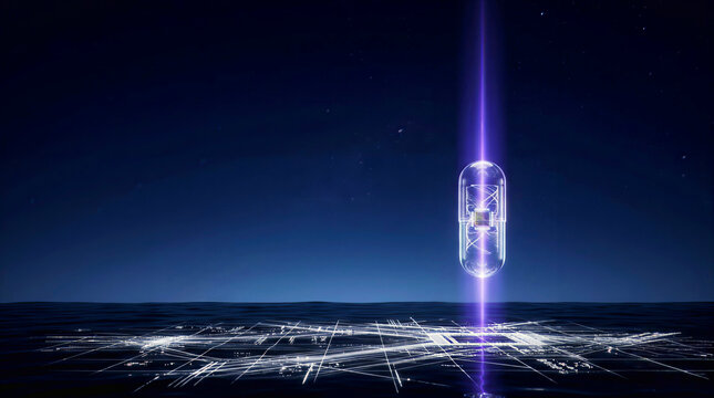 Futuristic medical capsule with quantum chip rising from glowing algorithm grid