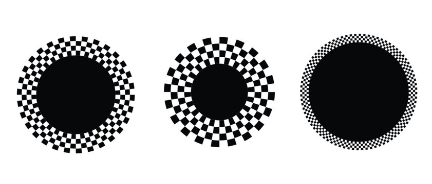 Checkerboard round frames set, black and white checkered circles for design elements.