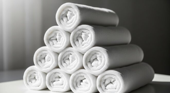 Clean white rolled towels stacked in pyramid formation, soft fabric, home care, hygiene, spa, relaxation, bath, personal care, comfort.