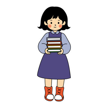 Cute Student Girl Holding Stack of Books Hand Drawn Kawaii Cartoon Education Illustration