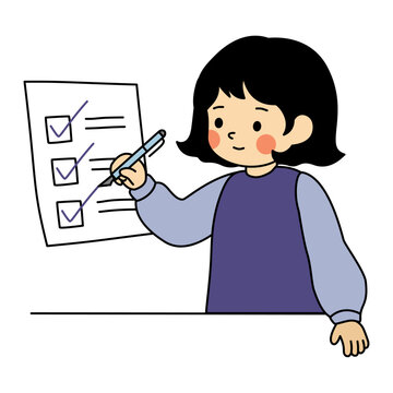 Cute Girl Completing Checklist Hand Drawn Kawaii Cartoon Task Management Illustration