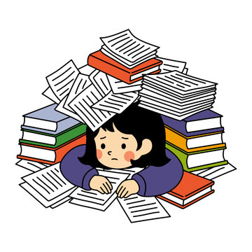 Overwhelmed Student Buried in Books and Paperwork Hand Drawn Kawaii Cartoon Stress Illustration