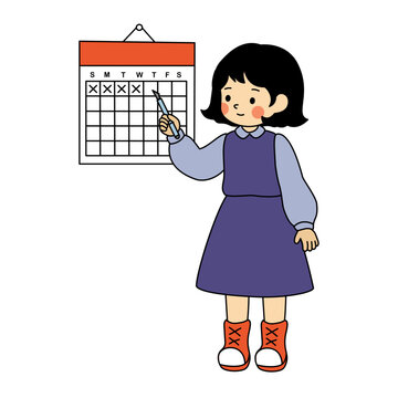Cute Girl Marking Calendar Schedule Hand Drawn Kawaii Cartoon Planning Illustration